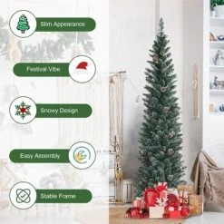 Costway 5ft/6ft/7ft Unlit Snowy PVC Artificial Slim Christmas Pencil Tree with Pine Cones -Christmas Trees Sales Store unnamed file 2754