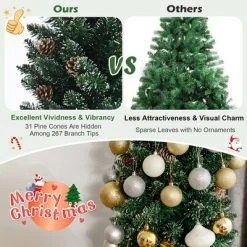 Costway 5ft/6ft/7ft Unlit Snowy PVC Artificial Slim Christmas Pencil Tree with Pine Cones -Christmas Trees Sales Store unnamed file 2755