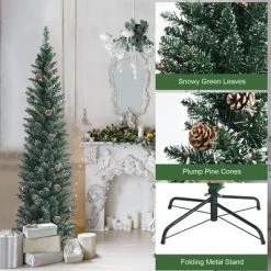Costway 5ft/6ft/7ft Unlit Snowy PVC Artificial Slim Christmas Pencil Tree with Pine Cones -Christmas Trees Sales Store unnamed file 2756