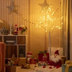 Costway 5ft Pre-lit White Twig Birch Tree for Christmas Holiday w/ 72 LED Lights