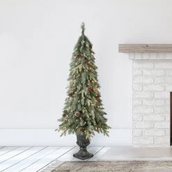 Home Heritage Entryway Potted Pine PVC Pre-Lit Artificial Christmas Tree with Warm White LED Lights and Potted Base
