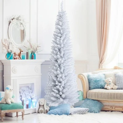 Costway 7ft Unlit Artificial Slim Christmas Pencil Tree w/ Metal Stand White 2 Costway 7ft Unlit Artificial Slim Christmas Pencil Tree w/ Metal Stand White - Image 2