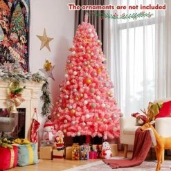 Costway 7.5ft Snow Flocked Hinged Artificial Christmas Tree w/ Metal Stand Pink
