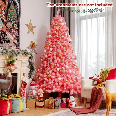 Costway 7.5ft Snow Flocked Hinged Artificial Christmas Tree w/ Metal Stand Pink 1 Costway 7.5ft Snow Flocked Hinged Artificial Christmas Tree w/ Metal Stand Pink