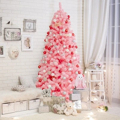 Costway 7.5ft Snow Flocked Hinged Artificial Christmas Tree w/ Metal Stand Pink 2 Costway 7.5ft Snow Flocked Hinged Artificial Christmas Tree w/ Metal Stand Pink - Image 2