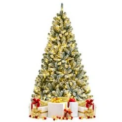 Tangkula 6FT Snow Flocked Artificial Christmas Hinged Tree Pre-lit Artificial Xmas Full Tree with 928 Branch Tips