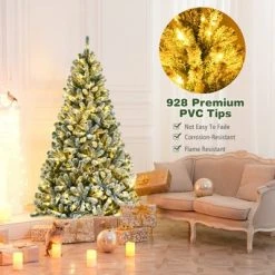 Tangkula 6FT Snow Flocked Artificial Christmas Hinged Tree Pre-lit Artificial Xmas Full Tree with 928 Branch Tips -Christmas Trees Sales Store unnamed file 2891