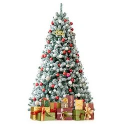 Tangkula 6FT Snow Flocked Artificial Christmas Hinged Tree Pre-lit Artificial Xmas Full Tree with 928 Branch Tips -Christmas Trees Sales Store unnamed file 2899