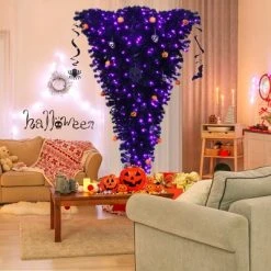 Costway 7ft Upside Down Christmas Halloween Tree Black w/400 Purple LED Lights