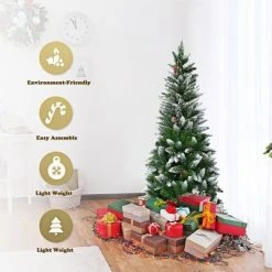 Costway 5ft Snow Flocked Unlit Pencil Christmas Tree Hinged Pine Cones -Christmas Trees Sales Store unnamed file 2980