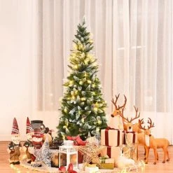 Costway 5ft Snow Flocked Unlit Pencil Christmas Tree Hinged Pine Cones -Christmas Trees Sales Store unnamed file 2984