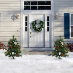 HOMCOM 22.5in Christmas Tree 2-Pack Outdoor Pre-Lit Artificial Pine Cordless with 24 Warm White Lights and Stakes