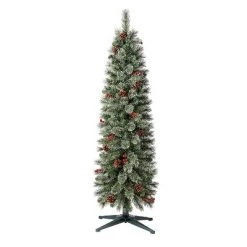 Home Heritage 5 Foot Prelit Easy Assembly Stanley Cashmere Pencil Pine Artificial Christmas Holiday Tree with Clear Lights, Pinecone, and Red Berry