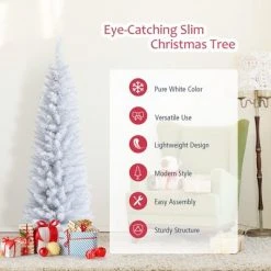 Costway 5ft Unlit Artificial Slim Pencil Christmas Tree with Metal Stand White -Christmas Trees Sales Store unnamed file 3000