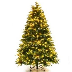 Tangkula Hinged Life-Like Christmas Tree W/ LED Lights Pre-Lit Artificial Xmas Tree W/ PE & PVC Leaves