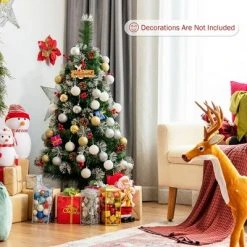 Costway 4ft Snowy Artificial Christmas Tree Pre-Decorated w/ Pine Cones and Red Berries