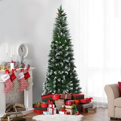 Costway 7.5ft Snow Flocked Pencil Christmas Tree Hinged Pine Cones 1 Costway 7.5ft Snow Flocked Pencil Christmas Tree Hinged Pine Cones