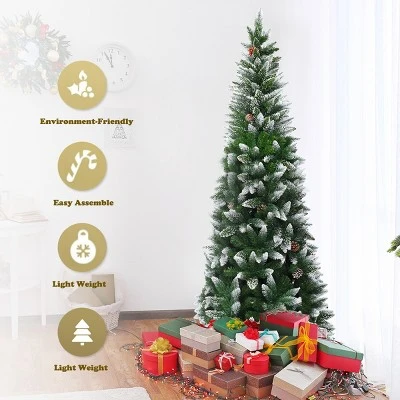 Costway 7.5ft Snow Flocked Pencil Christmas Tree Hinged Pine Cones 6 Costway 7.5ft Snow Flocked Pencil Christmas Tree Hinged Pine Cones - Image 6