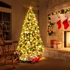 Tangkula 6.5 FT Pre-lit Hinged Christmas Tree with 450 LED Lights & Pine Cones Red Berries