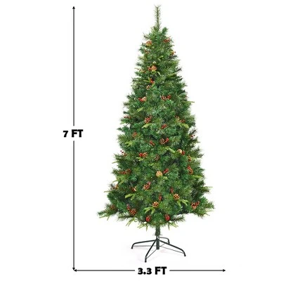 Costway 7Ft Pre-lit Hinged PE Artificial Christmas Tree w/ 350 LED Lights & Pine Cones 1 Costway 7Ft Pre-lit Hinged PE Artificial Christmas Tree w/ 350 LED Lights & Pine Cones