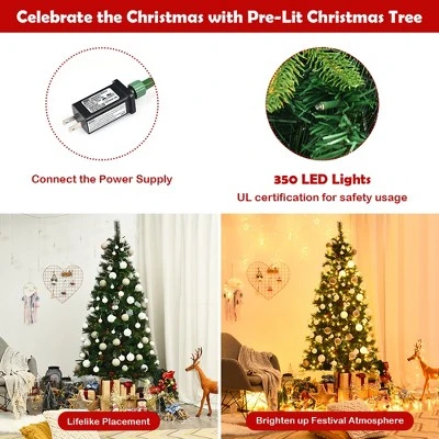 Costway 7Ft Pre-lit Hinged PE Artificial Christmas Tree w/ 350 LED Lights & Pine Cones 6 Costway 7Ft Pre-lit Hinged PE Artificial Christmas Tree w/ 350 LED Lights & Pine Cones - Image 6