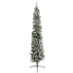 Home Heritage 9 Foot Lowell Snow Flocked Pencil Pine Prelit Decorative Artificial Christmas Tree with Pinecones, Clear White Lights, and Metal Stand