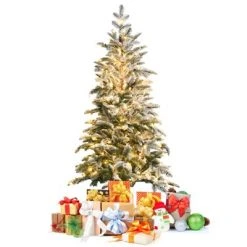 Tangkula 6ft Artificial Snow Flocked Pencil Christmas Tree Pre-Lit Faux-Pine Tree W/250 Warm White LED Lights