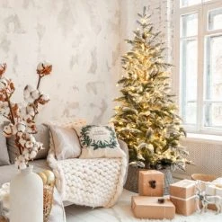 Tangkula 6ft Artificial Snow Flocked Pencil Christmas Tree Pre-Lit Faux-Pine Tree W/250 Warm White LED Lights -Christmas Trees Sales Store unnamed file 3249