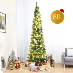 Tangkula 8FT Artificial Pine Pencil Spruce Christmas Tree Slim Xmas Tree with Metal Stand