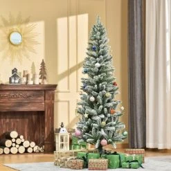 HOMCOM Artificial Flocked Christmas Tree, Xmas Pencil Tree, Holiday Home Indoor Decoration for Party with Automatic Open, Green