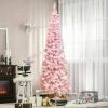 HOMCOM 6/7.5 Foot Prelit Snow Flocked Artificial Christmas Tree with Pencil Shape, Pine Realistic Branches, Warm White LED lights, Auto Open, Pink and White