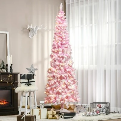 HOMCOM 6/7.5 Foot Prelit Snow Flocked Artificial Christmas Tree with Pencil Shape, Pine Realistic Branches, Warm White LED lights, Auto Open, Pink and White 1 HOMCOM 6/7.5 Foot Prelit Snow Flocked Artificial Christmas Tree with Pencil Shape, Pine Realistic Branches, Warm White LED lights, Auto Open, Pink and White