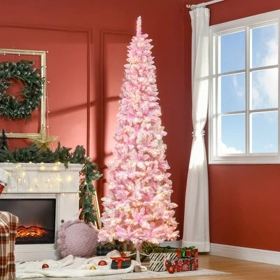 HOMCOM 6/7.5 Foot Prelit Snow Flocked Artificial Christmas Tree with Pencil Shape, Pine Realistic Branches, Warm White LED lights, Auto Open, Pink and White 2 HOMCOM 6/7.5 Foot Prelit Snow Flocked Artificial Christmas Tree with Pencil Shape, Pine Realistic Branches, Warm White LED lights, Auto Open, Pink and White - Image 2