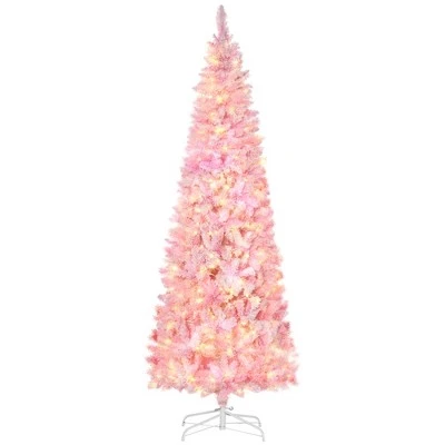 HOMCOM 6/7.5 Foot Prelit Snow Flocked Artificial Christmas Tree with Pencil Shape, Pine Realistic Branches, Warm White LED lights, Auto Open, Pink and White 3 HOMCOM 6/7.5 Foot Prelit Snow Flocked Artificial Christmas Tree with Pencil Shape, Pine Realistic Branches, Warm White LED lights, Auto Open, Pink and White - Image 3