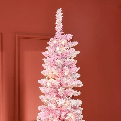 HOMCOM 6/7.5 Foot Prelit Snow Flocked Artificial Christmas Tree with Pencil Shape, Pine Realistic Branches, Warm White LED lights, Auto Open, Pink and White 4 HOMCOM 6/7.5 Foot Prelit Snow Flocked Artificial Christmas Tree with Pencil Shape, Pine Realistic Branches, Warm White LED lights, Auto Open, Pink and White - Image 4