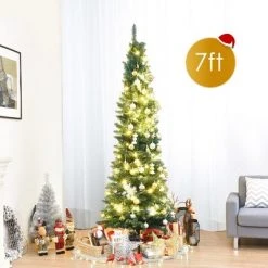 Tangkula 7' Pencil Christmas Tree PVC Artificial Slim Tree w/ Metal Stand Home Holiday Decor Green