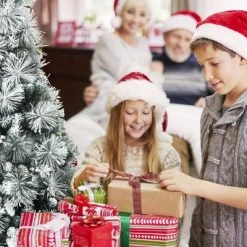 Costway 8ft Snow Flocked Christmas Tree Glitter Tips w/ Pine Cone & Red Berries