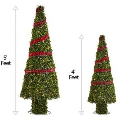 NOMA Pre Lit Incandescent Light Up Winter Green Garden Cone Trees Outdoor Decorations with Red Ribbon Details and Yard Stakes, Set of 2