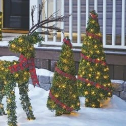 NOMA Pre Lit Incandescent Light Up Winter Green Garden Cone Trees Outdoor Decorations with Red Ribbon Details and Yard Stakes, Set of 2 -Christmas Trees Sales Store unnamed file 396