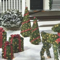 NOMA Pre Lit Incandescent Light Up Winter Green Garden Cone Trees Outdoor Decorations with Red Ribbon Details and Yard Stakes, Set of 2 -Christmas Trees Sales Store unnamed file 397