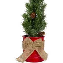 Northlight 11.75" Frosted Upswept Mini Pine Christmas Tree in Red Tin Pot - Unlit