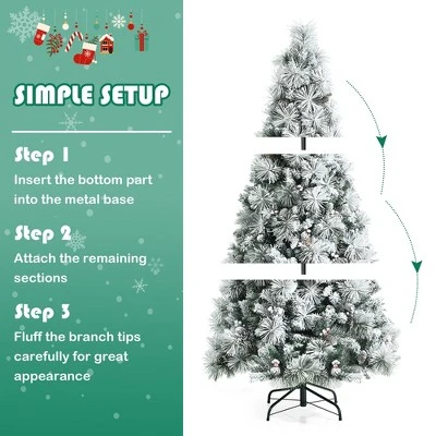 Costway 7ft Snow Flocked Christmas Tree Glitter Tips w/ Pine Cone & Red Berries 6 Costway 7ft Snow Flocked Christmas Tree Glitter Tips w/ Pine Cone & Red Berries - Image 6