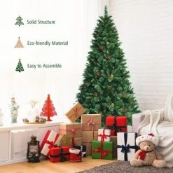 Costway 7ft Pre-lit Hinged Artificial Christmas Tree w/ Pine Cones & Red Berries -Christmas Trees Sales Store unnamed file 4074