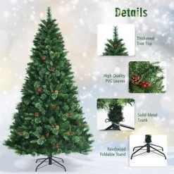 Costway 7ft Pre-lit Hinged Artificial Christmas Tree w/ Pine Cones & Red Berries -Christmas Trees Sales Store unnamed file 4077
