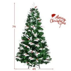 Costway 7ft Unlit Snowy Hinged Christmas Tree w/ 1180 Mixed Tips & Red Berries -Christmas Trees Sales Store unnamed file 4097