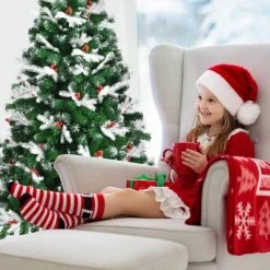 Costway 7ft Unlit Snowy Hinged Christmas Tree w/ 1180 Mixed Tips & Red Berries -Christmas Trees Sales Store unnamed file 4098