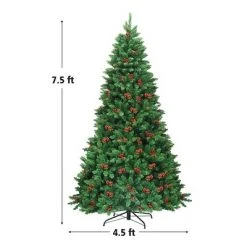 Costway 4.5Ft6.5Ft7.5Ft Pre-lit Hinged Christmas Tree w/ Pine Cones Red Berries and 300450450 LED Lights