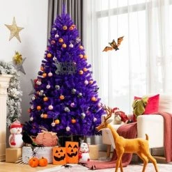 Costway 7ft Pre-lit Purple Halloween Christmas Tree w/ Orange Lights Pumpkin Decorations -Christmas Trees Sales Store unnamed file 4150