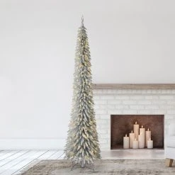 Home Heritage Evergreen Classics Pre Lit Pencil Pine Artificial Holiday Christmas Tree with Warm White LED Lights and Metal Stand