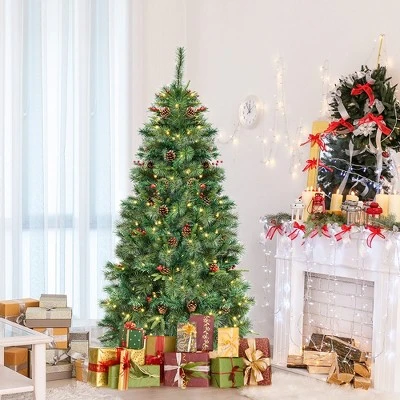 Costway 6Ft Pre-lit Hinged PE Artificial Christmas Tree w/ 250 LED Lights & Pine Cones 3 Costway 6Ft Pre-lit Hinged PE Artificial Christmas Tree w/ 250 LED Lights & Pine Cones - Image 3